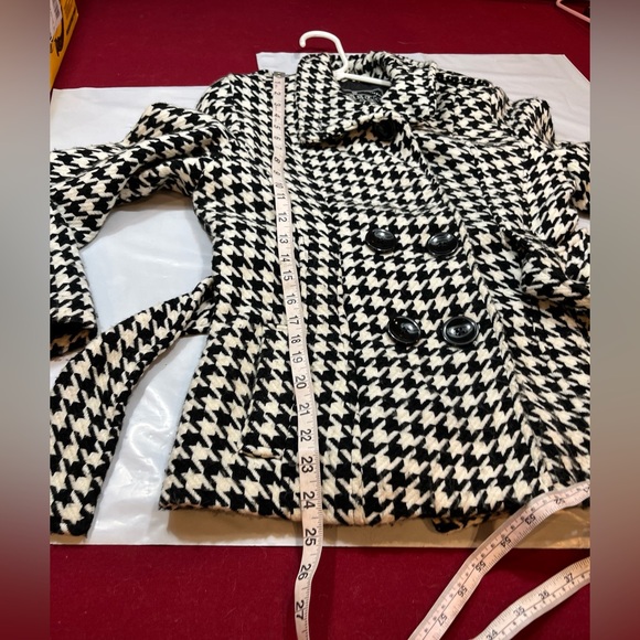 Last Kiss BIG Black Houndstooth Belted Acrylic Peacoat Pockets high Collar Lined - Picture 8 of 15